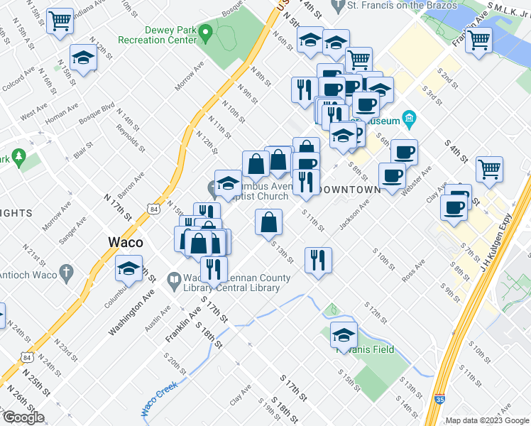 map of restaurants, bars, coffee shops, grocery stores, and more near 1200 Austin Avenue in Waco