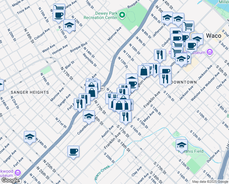 map of restaurants, bars, coffee shops, grocery stores, and more near 1425 Columbus Avenue in Waco