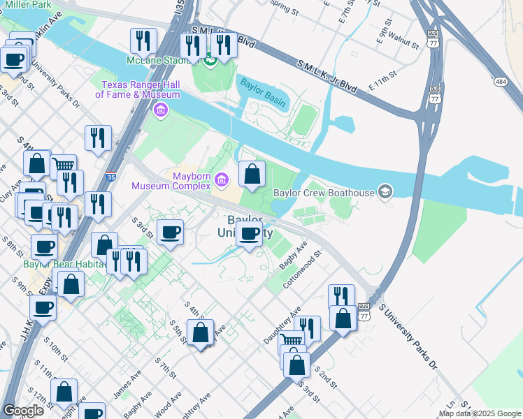map of restaurants, bars, coffee shops, grocery stores, and more near 1506 South University Parks Drive in Waco