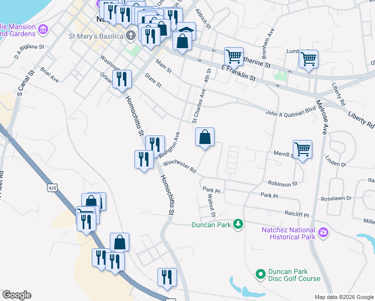 map of restaurants, bars, coffee shops, grocery stores, and more near 301-329 Arlington Ave in Natchez