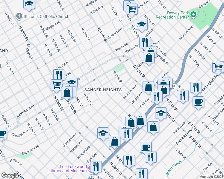 map of restaurants, bars, coffee shops, grocery stores, and more near 916 N 20th St in Waco