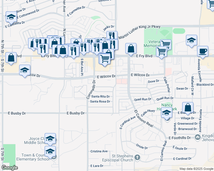 map of restaurants, bars, coffee shops, grocery stores, and more near 2251 Santa Catalina Drive in Sierra Vista