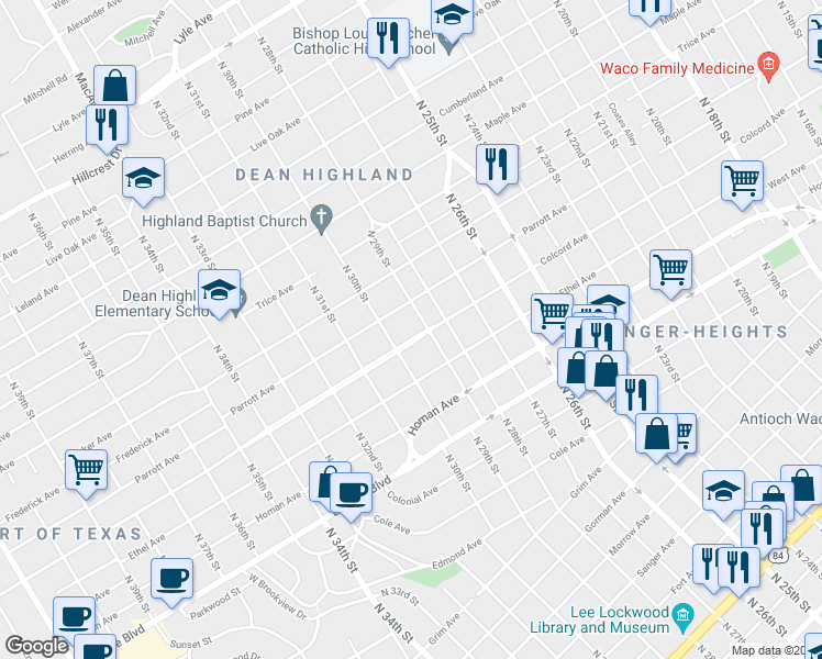map of restaurants, bars, coffee shops, grocery stores, and more near 2911 Colcord Ave in Waco