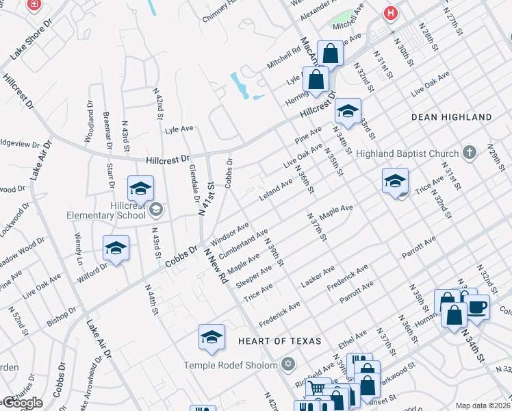 map of restaurants, bars, coffee shops, grocery stores, and more near 3827 Leland Avenue in Waco