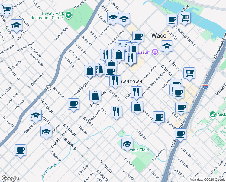 map of restaurants, bars, coffee shops, grocery stores, and more near 214 South 11th Street in Waco