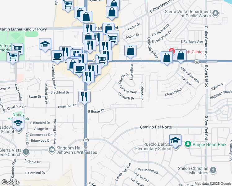 map of restaurants, bars, coffee shops, grocery stores, and more near 4380 Monarch Drive in Sierra Vista