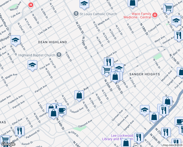 map of restaurants, bars, coffee shops, grocery stores, and more near 2701 Ethel Avenue in Waco