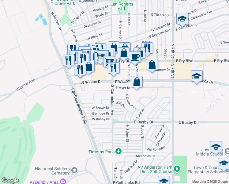 map of restaurants, bars, coffee shops, grocery stores, and more near 499 South Carmichael Avenue in Sierra Vista
