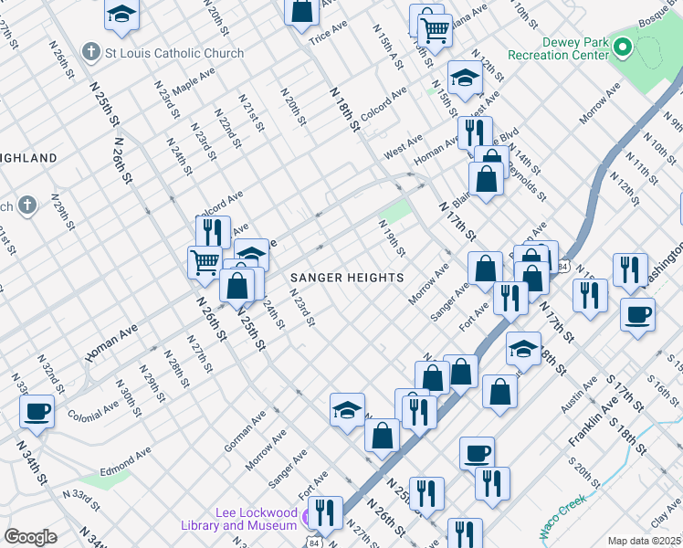 map of restaurants, bars, coffee shops, grocery stores, and more near 924 North 21st Street in Waco