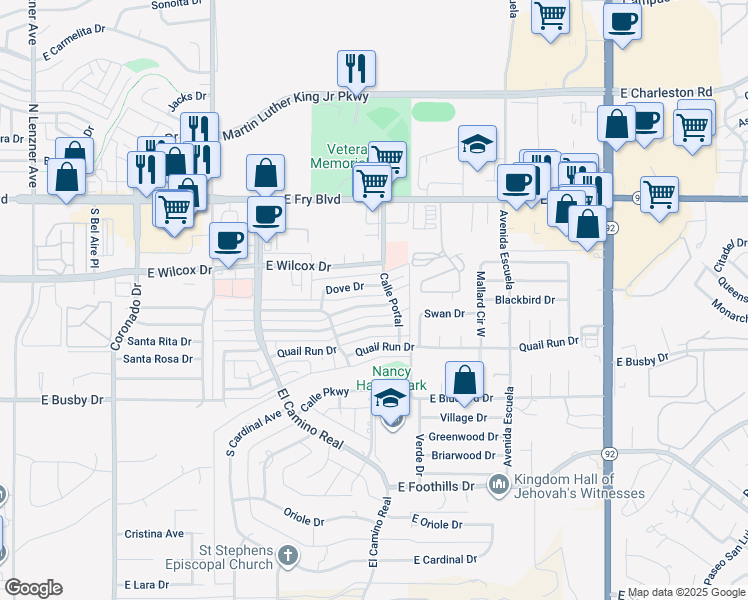 map of restaurants, bars, coffee shops, grocery stores, and more near 3033 East Mockingbird Drive in Sierra Vista