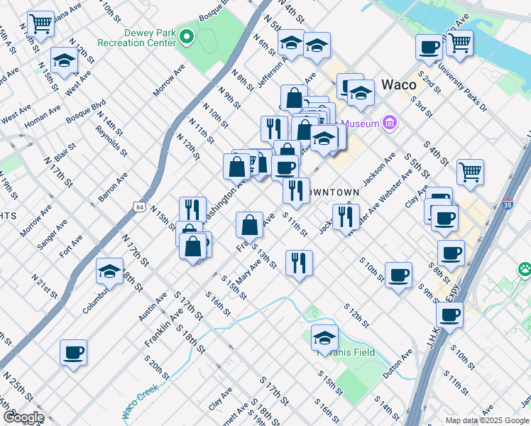 map of restaurants, bars, coffee shops, grocery stores, and more near 1115 Franklin Avenue in Waco