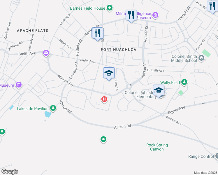 map of restaurants, bars, coffee shops, grocery stores, and more near 167-177 Arizona Road in Sierra Vista