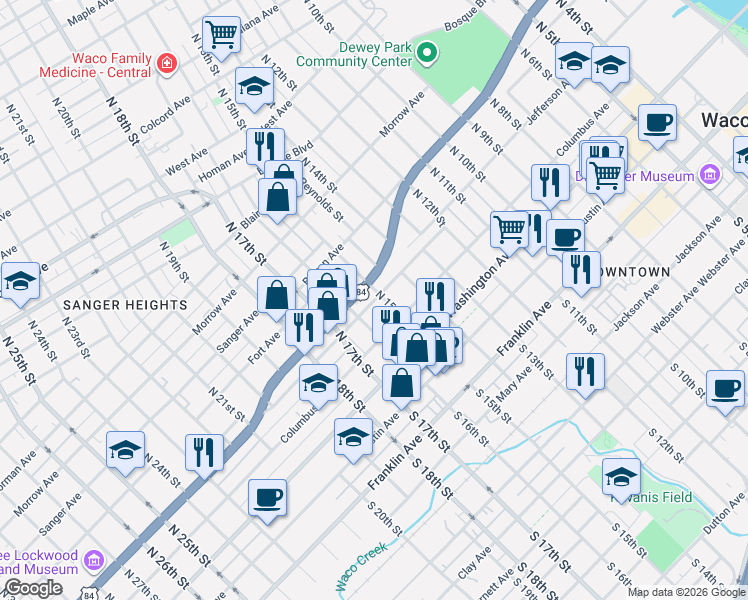 map of restaurants, bars, coffee shops, grocery stores, and more near 1509 Barnard Street in Waco