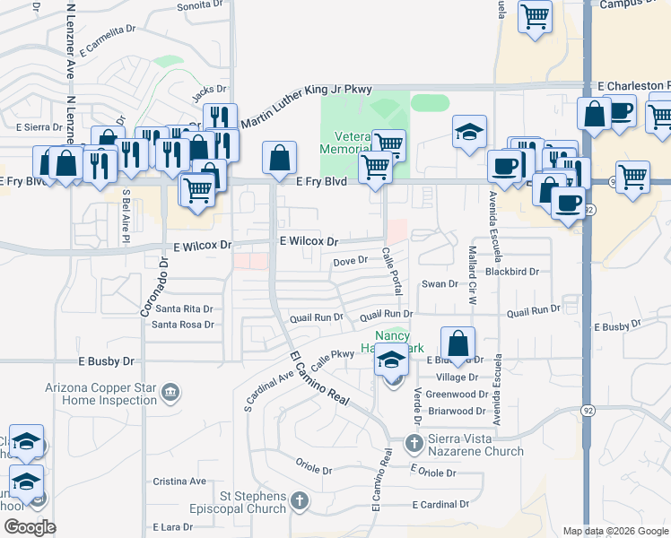 map of restaurants, bars, coffee shops, grocery stores, and more near 2864 Dove Drive in Sierra Vista