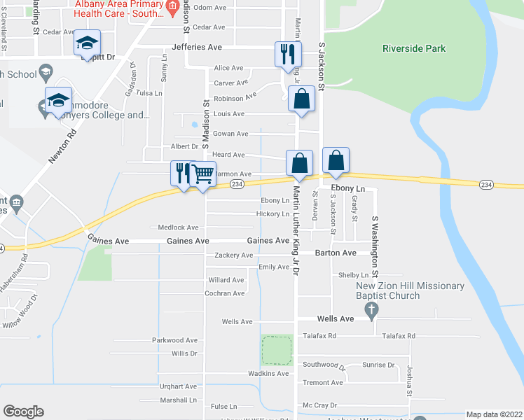 map of restaurants, bars, coffee shops, grocery stores, and more near 459 Hickory Lane in Albany