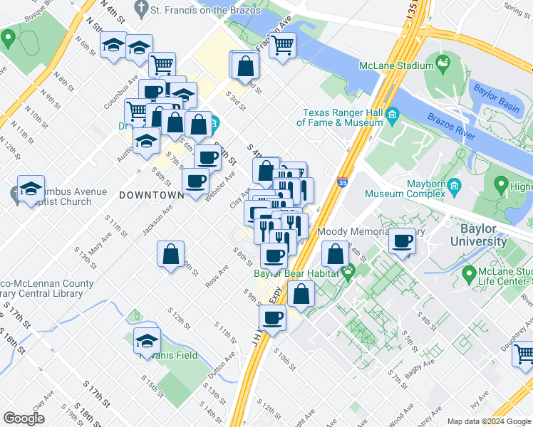 map of restaurants, bars, coffee shops, grocery stores, and more near 702 South 6th Street in Waco
