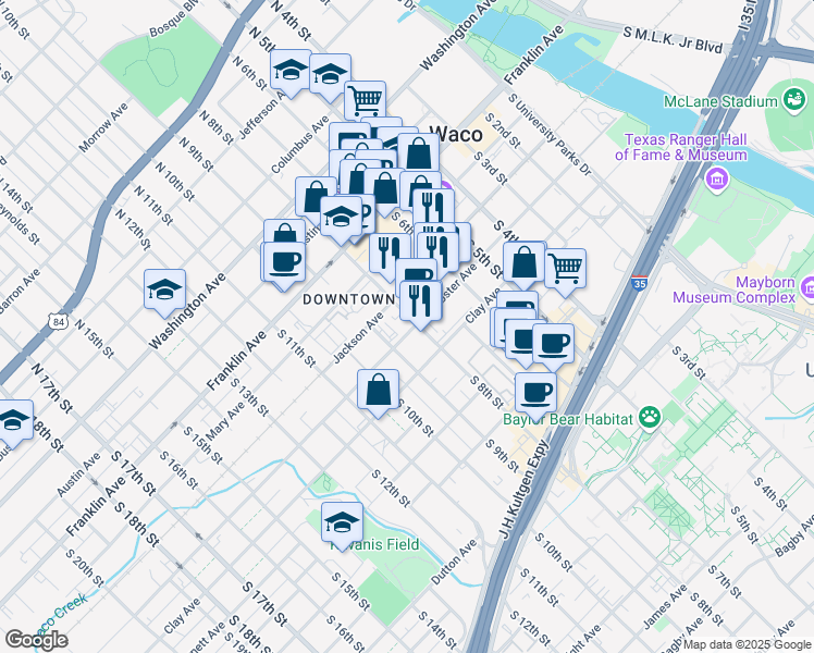 map of restaurants, bars, coffee shops, grocery stores, and more near 425 South 8th Street in Waco