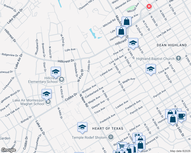 map of restaurants, bars, coffee shops, grocery stores, and more near 3827 Leland Avenue in Waco