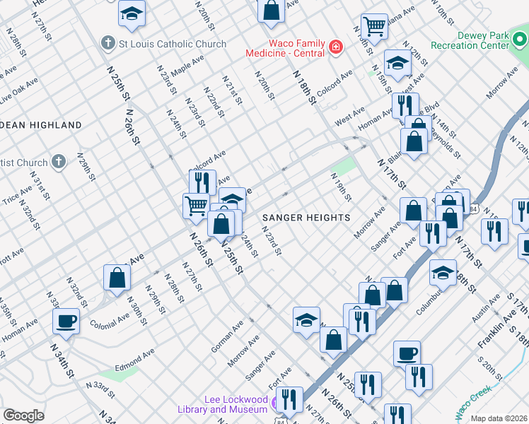 map of restaurants, bars, coffee shops, grocery stores, and more near 2300 Bosque Boulevard in Waco
