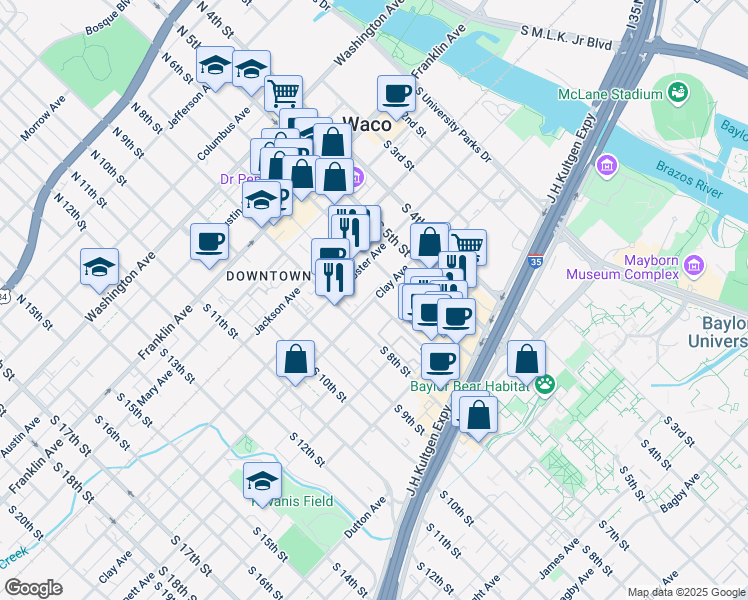 map of restaurants, bars, coffee shops, grocery stores, and more near 701 Clay Avenue in Waco