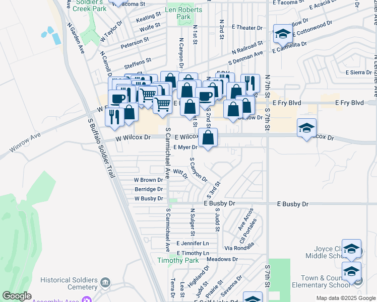 map of restaurants, bars, coffee shops, grocery stores, and more near 3734 East Myer Drive in Sierra Vista