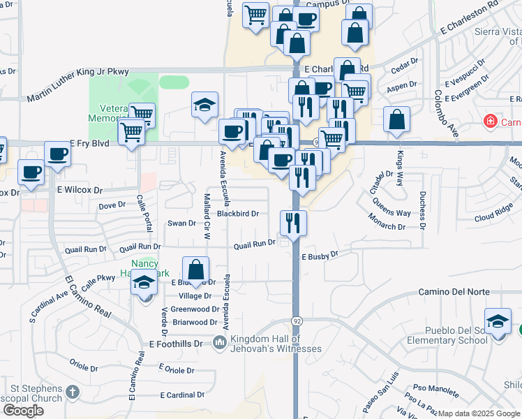 map of restaurants, bars, coffee shops, grocery stores, and more near 500 Mallard Circle East in Sierra Vista