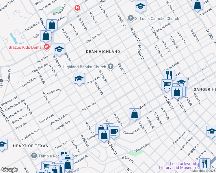 map of restaurants, bars, coffee shops, grocery stores, and more near 3100 Lasker Avenue in Waco