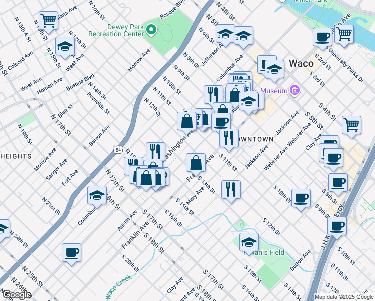 map of restaurants, bars, coffee shops, grocery stores, and more near 1200 Austin Avenue in Waco
