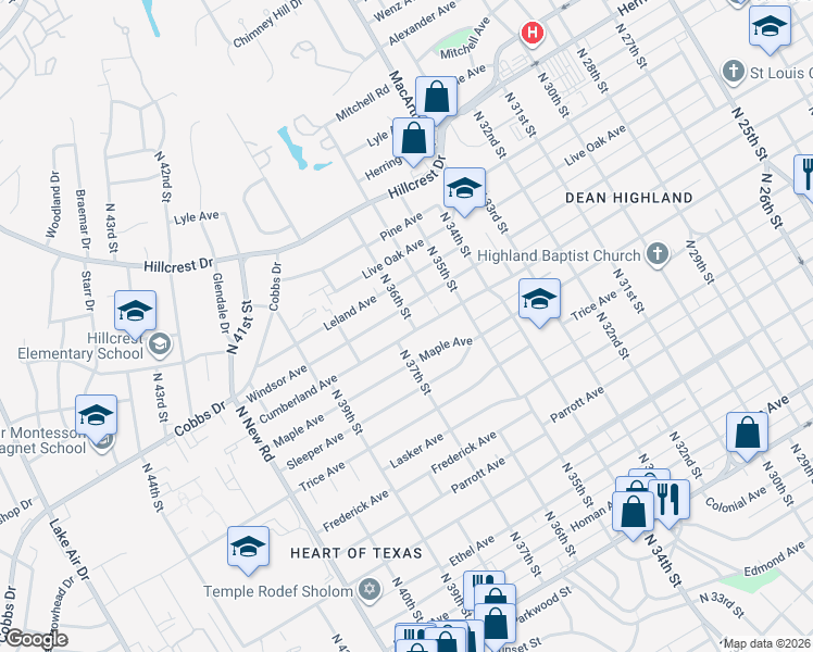 map of restaurants, bars, coffee shops, grocery stores, and more near 3601 Cumberland Avenue in Waco