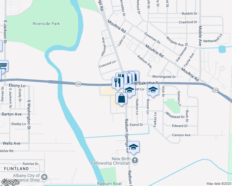 map of restaurants, bars, coffee shops, grocery stores, and more near 202 East Oakridge Drive in Albany