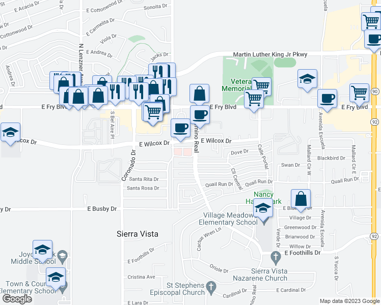 map of restaurants, bars, coffee shops, grocery stores, and more near 302 El Camino Real in Sierra Vista