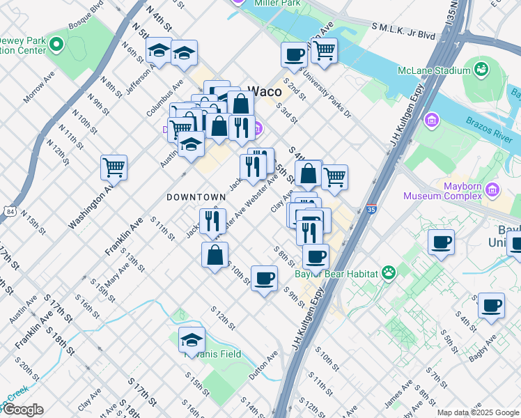 map of restaurants, bars, coffee shops, grocery stores, and more near 701 Clay Avenue in Waco