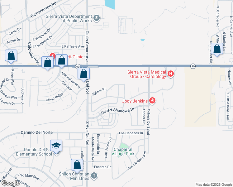 map of restaurants, bars, coffee shops, grocery stores, and more near 5435 Cedar Springs Drive in Sierra Vista