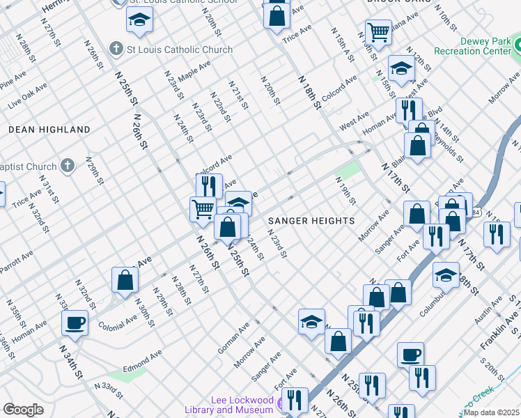 map of restaurants, bars, coffee shops, grocery stores, and more near 2225 Bosque Boulevard in Waco