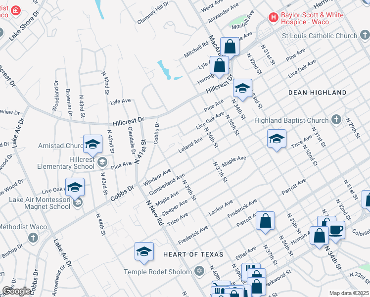 map of restaurants, bars, coffee shops, grocery stores, and more near 2300 Melissa Drive in Waco