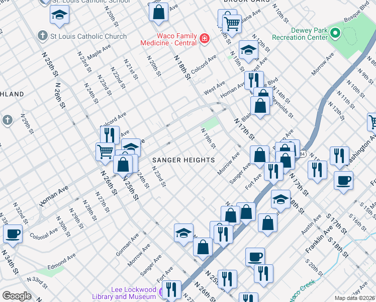 map of restaurants, bars, coffee shops, grocery stores, and more near 924 North 21st Street in Waco