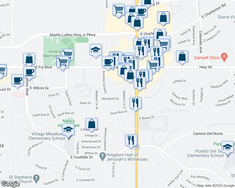 map of restaurants, bars, coffee shops, grocery stores, and more near 3748 Sparrow Drive in Sierra Vista