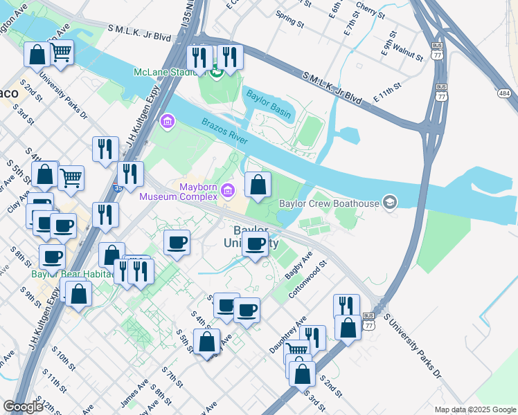 map of restaurants, bars, coffee shops, grocery stores, and more near 1500 South University Parks Drive in Waco