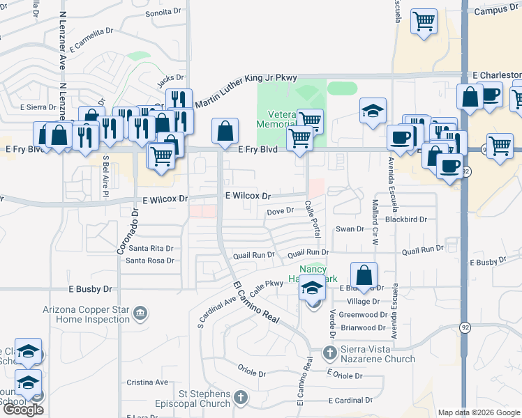 map of restaurants, bars, coffee shops, grocery stores, and more near 2864 Dove Drive in Sierra Vista