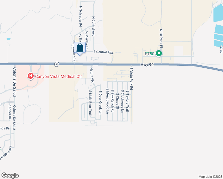 map of restaurants, bars, coffee shops, grocery stores, and more near 391 South Meadowood Lane in Sierra Vista