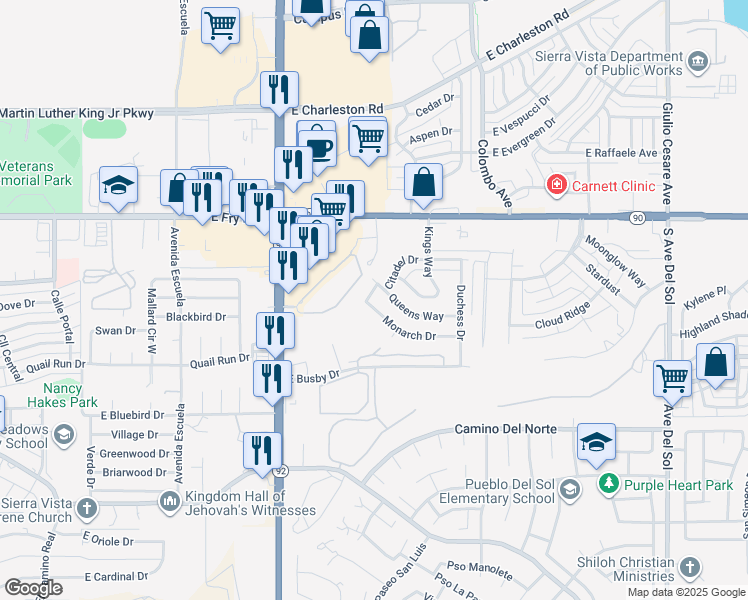 map of restaurants, bars, coffee shops, grocery stores, and more near 4380 Monarch Drive in Sierra Vista