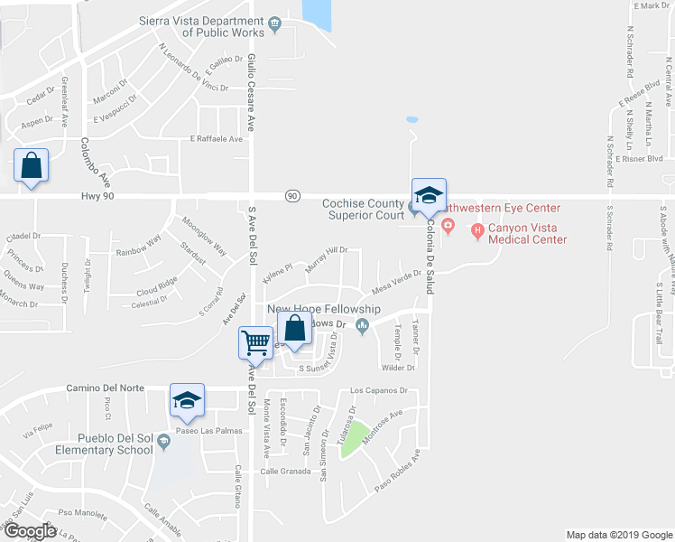 map of restaurants, bars, coffee shops, grocery stores, and more near 5438 Murray Hill Place in Sierra Vista