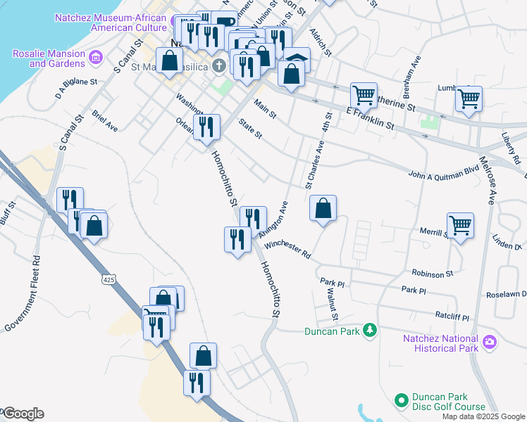 map of restaurants, bars, coffee shops, grocery stores, and more near 63 Homochitto Street in Natchez