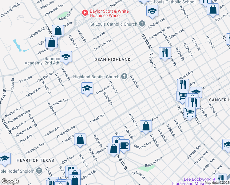 map of restaurants, bars, coffee shops, grocery stores, and more near 3100 Lasker Avenue in Waco