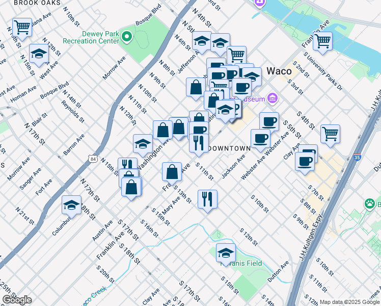 map of restaurants, bars, coffee shops, grocery stores, and more near 1115 Franklin Ave in Waco