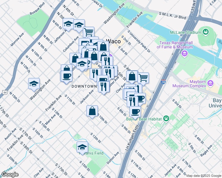map of restaurants, bars, coffee shops, grocery stores, and more near 701 Clay Avenue in Waco