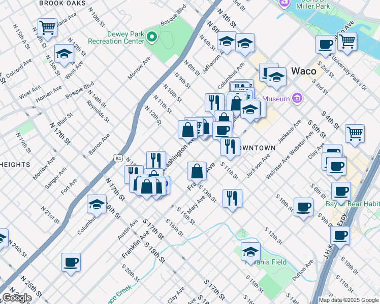 map of restaurants, bars, coffee shops, grocery stores, and more near in Waco