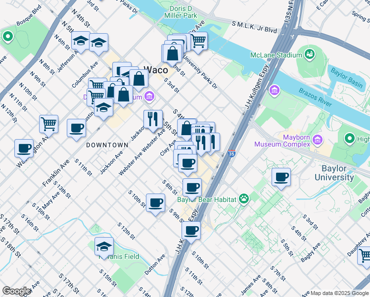 map of restaurants, bars, coffee shops, grocery stores, and more near 625 South 5th Street in Waco