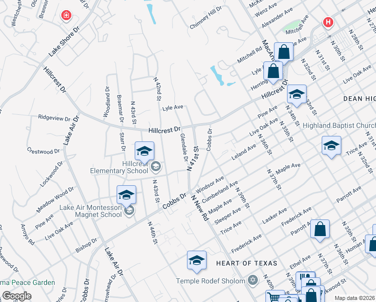 map of restaurants, bars, coffee shops, grocery stores, and more near 2412 North 41st Street in Waco