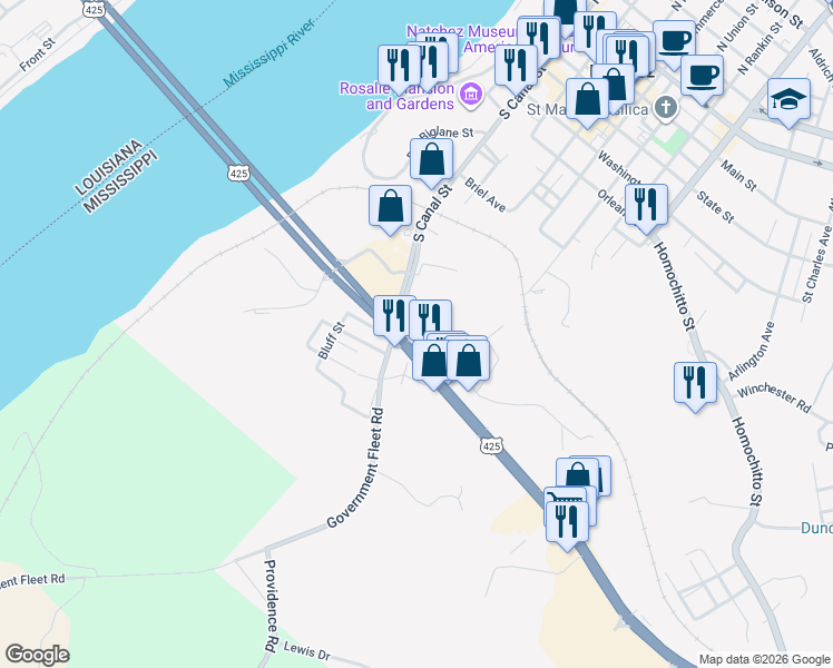 map of restaurants, bars, coffee shops, grocery stores, and more near 657 South Canal Street in Natchez